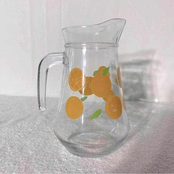 Vintage Kig Indonesia Oranges Print Glass Pitcher With  Handle - Picture 1 of 13